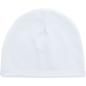 A white fleece beanie hat with a soft texture and a logo on the side.