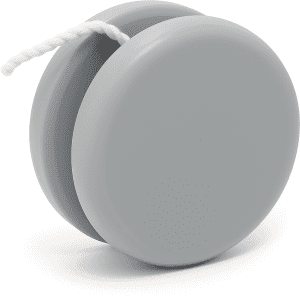 A grey plastic yoyo with a white string, featuring a smooth, rounded design and a simple aesthetic.