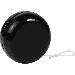 A black plastic yoyo with a white string, designed for fun and games.