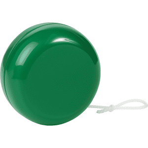A green standard plastic yo-yo with a white string, featuring a smooth, shiny surface and round shape.