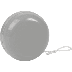 A standard grey plastic yo-yo with a white string attached. It features a smooth, glossy surface.