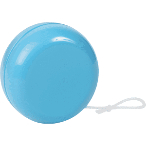 A blue plastic yo-yo with a smooth surface and attached string. It features a simple round shape.