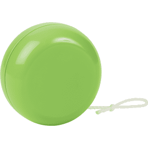 A green plastic yoyo with a white string, featuring a smooth and shiny surface.