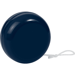 A navy blue standard plastic yoyo with a white string attached. The yoyo has a smooth, shiny surface and a circular shape.