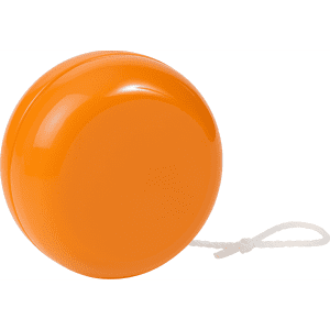An orange plastic yoyo with a white string, featuring a glossy finish and a simple design.