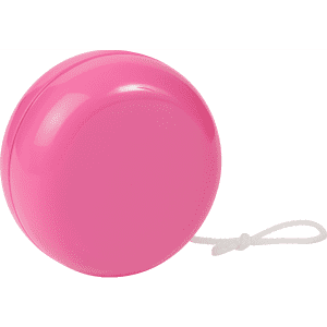 A pink plastic yo-yo with a white string attached, featuring a smooth, glossy surface.