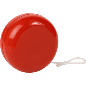 A red plastic yoyo with a white string, featuring a smooth, shiny surface.