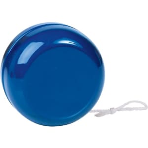 A blue plastic yoyo with a white string attached. The yoyo features a smooth, shiny finish.