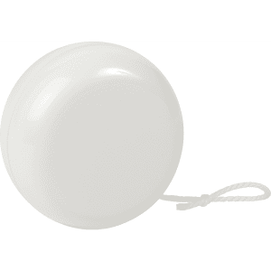A white plastic yoyo with a string attached. The yoyo features a smooth, glossy surface.