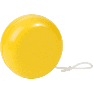 A yellow standard plastic yoyo with a white string attached. The surface is glossy and smooth.