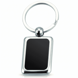 A sleek silver keyring with a rectangular black insert, suitable for personalisation or engraving.
