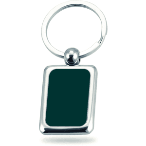 A silver keyring featuring a rectangular green enamel insert. The design is simple and elegant.