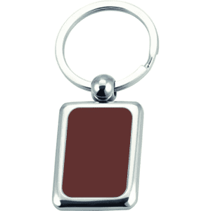A silver keyring with a rectangular maroon panel, designed for promotions and giveaways.