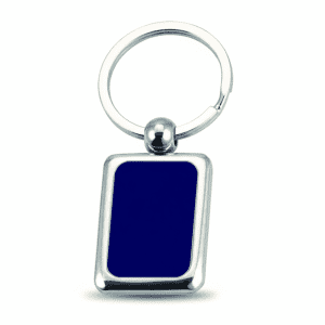 A silver keyring with a rectangular dark blue enamel panel and a metal ring attachment.