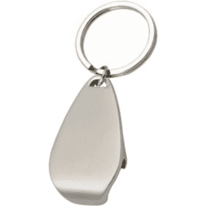 A keyring bottle opener with a sleek silver finish, featuring a rounded design. It includes a metal keyring attachment.