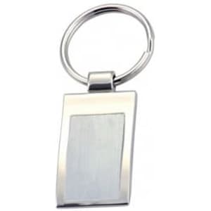 A keyring featuring a sleek, rectangular metallic design with a shiny finish. It includes a circular attachment for keys.