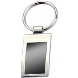 A silver keyring with a rectangular mirror pendant, featuring a shiny metallic finish and a circular attachment.