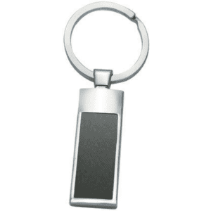 A silver keyring with a rectangular black panel. It features a smooth, polished finish and a simple design.