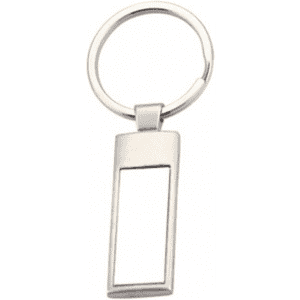 A keyring with a sleek silver rectangular pendant and a circular attachment.