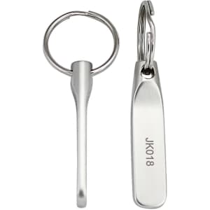 A silver keyring with a simple design and a small branding logo. Suitable for gifting in office settings.