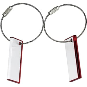 A pair of red and clear rectangular promotional key tags on a metal loop with a branding logo.