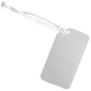 A blank tag with a string attachment, featuring a simple rectangular shape and a plain surface.