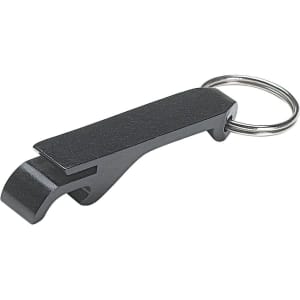 A black keychain tool with a bottle opener and a ring for attachment.