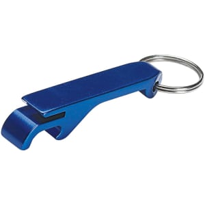 A bottle opener keychain in a shiny blue finish, featuring a slim design and a metal ring.