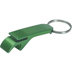 A keyring bottle opener in a vibrant green colour. It features a smooth, sleek design and a keyring attachment.