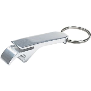 A keychain bottle opener in silver, featuring a sleek, minimalist design with a keyring attachment.