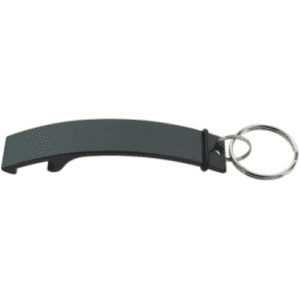 A black keyring bottle opener featuring a curved design and a metal ring for attachment.