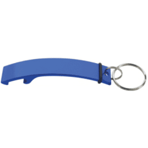 A blue keychain bottle opener with a metal ring, featuring a sleek, curved design.
