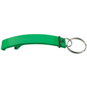 A green keychain bottle opener with a metal ring for attachment. Simple and practical design.