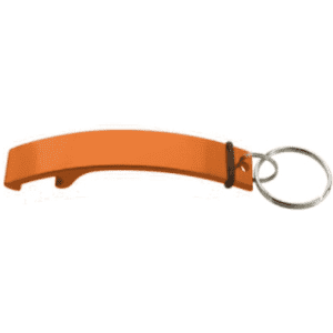 An orange keyring bottle opener with a metal ring for attachment.