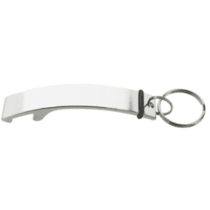 A bottle opener featuring a sleek silver design with a keyring attachment.