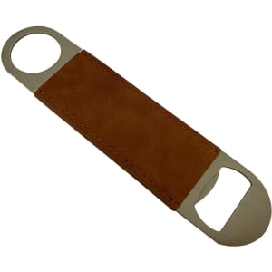 A bottle opener with a metallic finish and a brown leather grip, featuring two openings at either end.