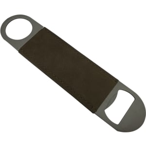 A bottle opener with a grey metal design and a brown fabric grip. Features two openings for easy use.