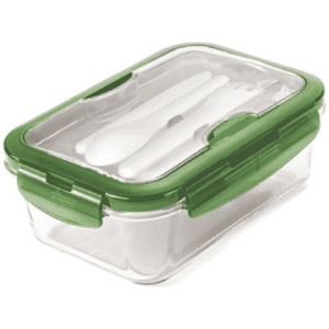 A lunch box with a transparent container and a green locking lid, featuring cutlery inside.