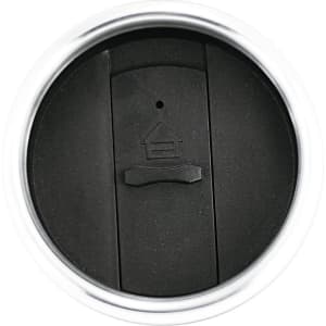 A drink lid for a coffee mug in black plastic with a sliding opening mechanism and a silver rim.