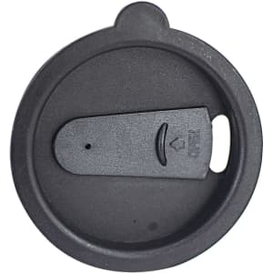 A black coffee mug lid featuring a slide opening mechanism and a built-in stopper, with a logo present.