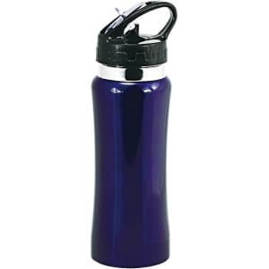 A drink bottle in a vibrant purple colour with a black top and a flip cap, featuring a logo.