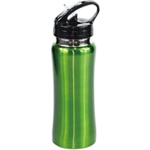 A drink bottle in shiny green metal with a black lid and a logo on the side.