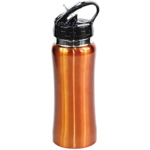 A drink bottle in a shiny copper colour with a black lid and a built-in handle. Features a logo on the side.