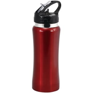 A drink bottle in a shiny red finish with a black cap and spout, featuring a logo on the body.