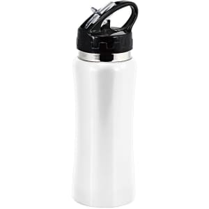 A drink bottle in white with a black lid and handle, featuring a logo.