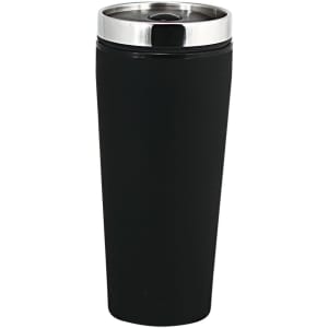 A drink bottle in black with a stainless steel lid and a sleek design. It features a logo on its surface.