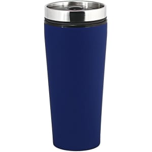 A drink bottle with a sleek navy blue exterior and a silver lid, featuring a logo. Suitable for hot or cold beverages.