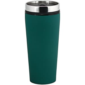 A drink bottle with a sleek dark green exterior and a stainless steel lid, featuring a logo.