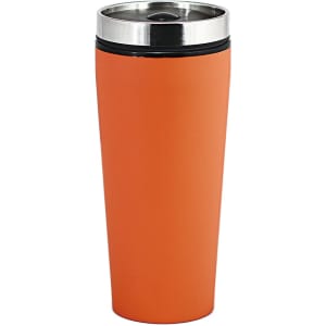 A travel mug in bright orange with a stainless steel lid and a rubber seal, featuring a logo.