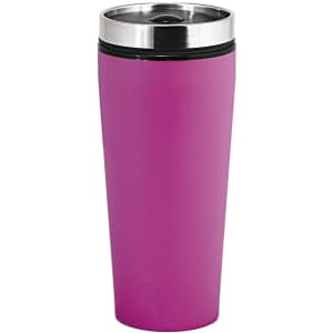 A travel mug in vibrant pink with a stainless steel lid and a sleek design, featuring a logo.